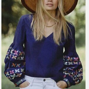 Blue Floral Embroidered V-neckline Long Sleeve Multicolour Top Size Medium
